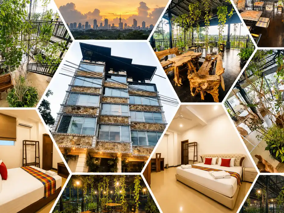 A collage showing Hotel Rosenro's exterior, rooftop dining areas, and guest rooms.